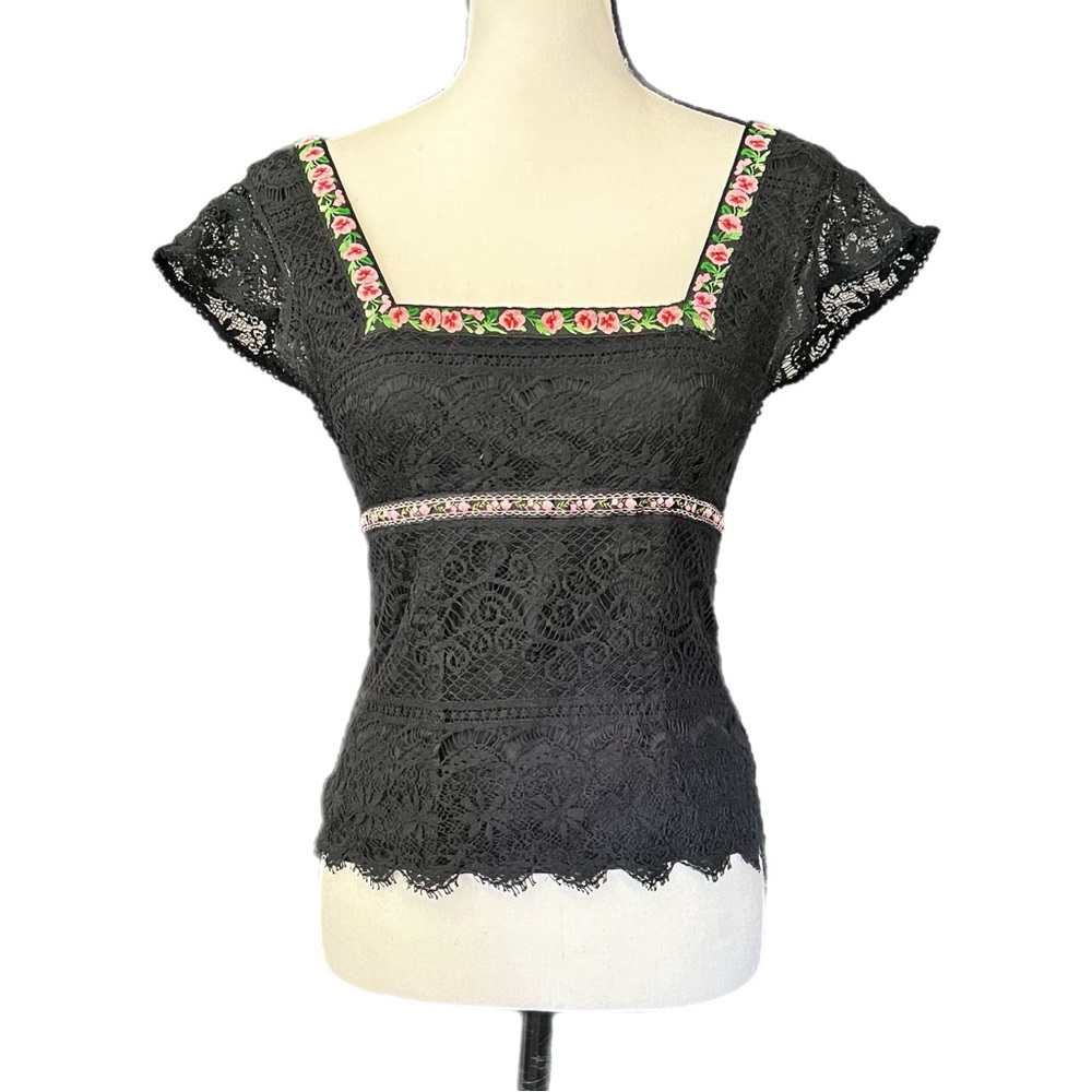 Vintage Nanette Lepore Sheer Lace Floral Ribbon Milkmaid Juliet Top - Picture 2 of 9